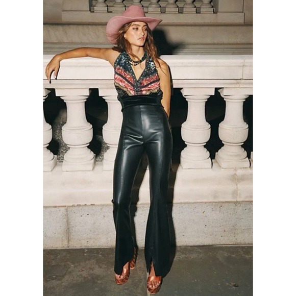Free People We The Free Real Deal Slit Leather Flare Leg Pants 28 Black Retro - Picture 1 of 16